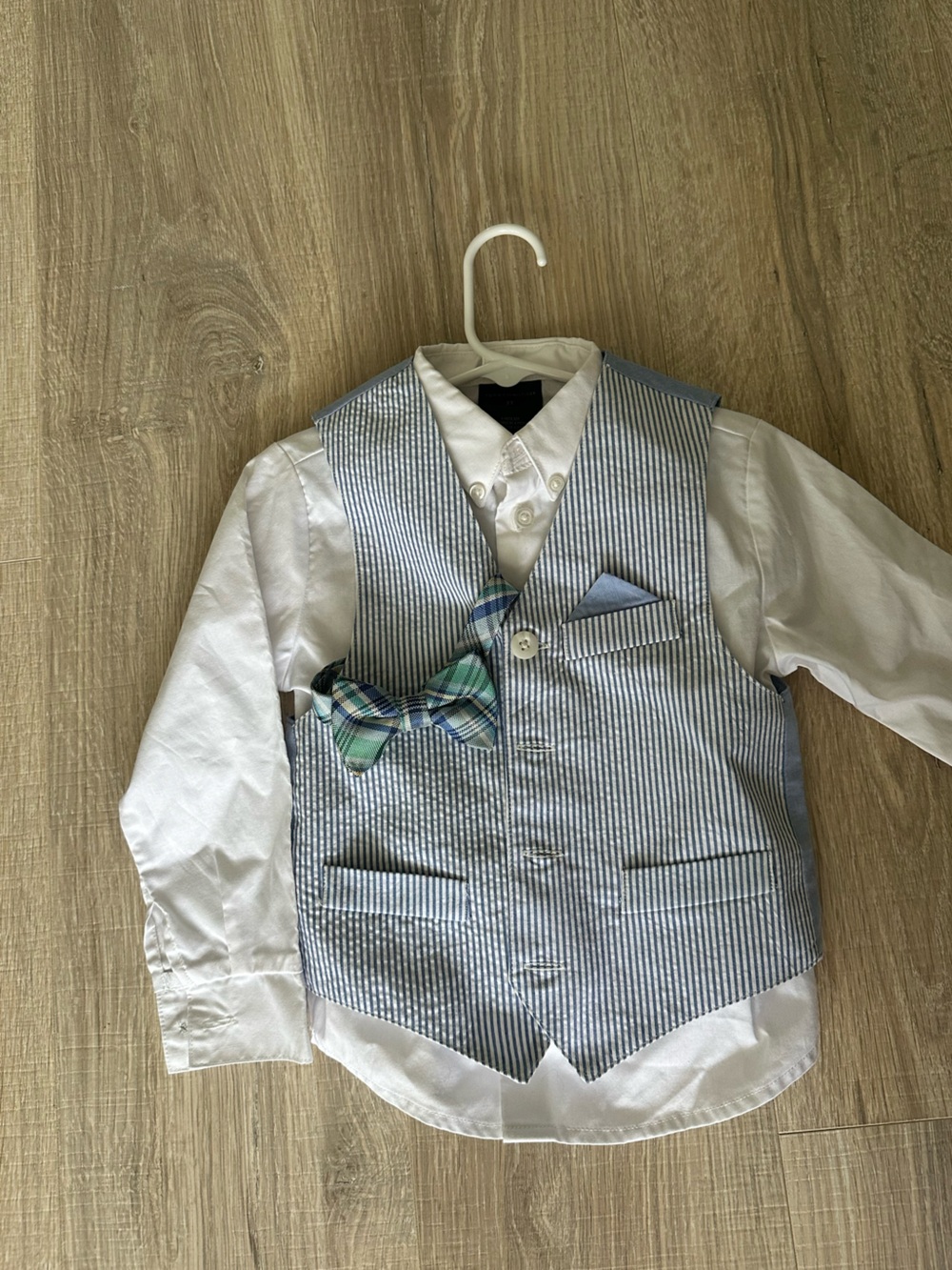 Tommy Hilfiger boys' White Dress Shirt with Blue Vest and Plaid Bow Tie